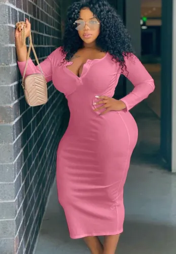 Plus Size Pink Button O-Neck Long Sleeve Long Dress