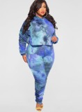 Plus Size Tie Dye Drop Shoulder Hoody Shirt and Pant 2PCS Set