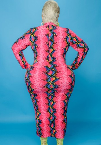 Plus Size Print Pink Turtleneck Long Sleeve Skinny Maxi Dress
