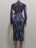 Multicolor Stripe Print Turndown Collar Slit Long Dress