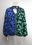 Blue and Green Contrast V-neck Button Up Loose Sweater