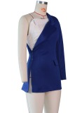 White Patch Blue One Shoulder Split Mini Blazer Dress