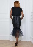 Black Silk Mesh Patck Mermaid Pencil Long Skirt