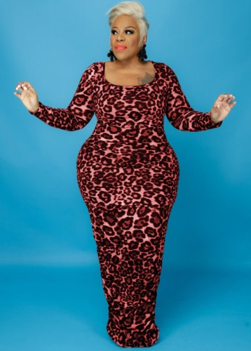 Plus Size Red Leopard Print U-Neck Tight Maxi Dress