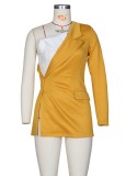 White Patch Yellow One Shoulder Split Mini Blazer Dress