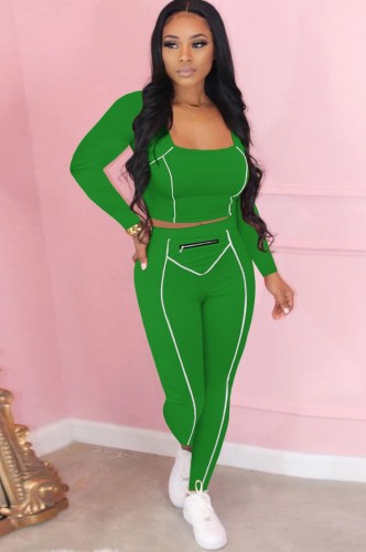White Piping Green U-neck Slinky Crop Top and Pants 2PCS Set