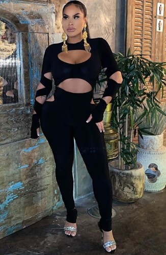 Black Cut Out Long Sleeve Scoop Neck Slinky Jumpsuit