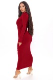 Red Ribbed Turndown Collar Button Side Slit Long Dress