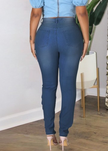Plus Size Blue Hollow Out Lace Up Slim Jeans