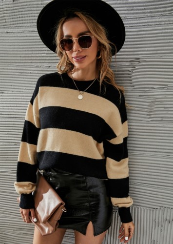 Black and Khaki Stripes O-Neck Drop Shoulder Loose Sweater