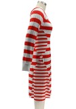 Plus Size Stripes Red Square Neck Mermaid Midi Dress