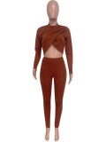 Brown Cross Neck Cut Out Crop Top and Sheath Pants 2PCS Set