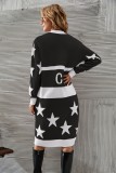 White Stars Print Black Kintted Drop Shoulder Long Cardigan