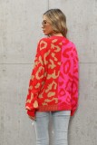 Red and Pink Contrast V-neck Button Up Loose Sweater
