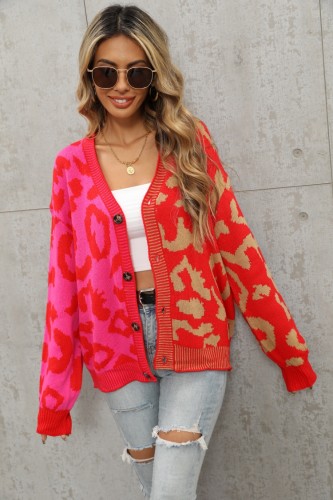 Red and Pink Contrast V-neck Button Up Loose Sweater