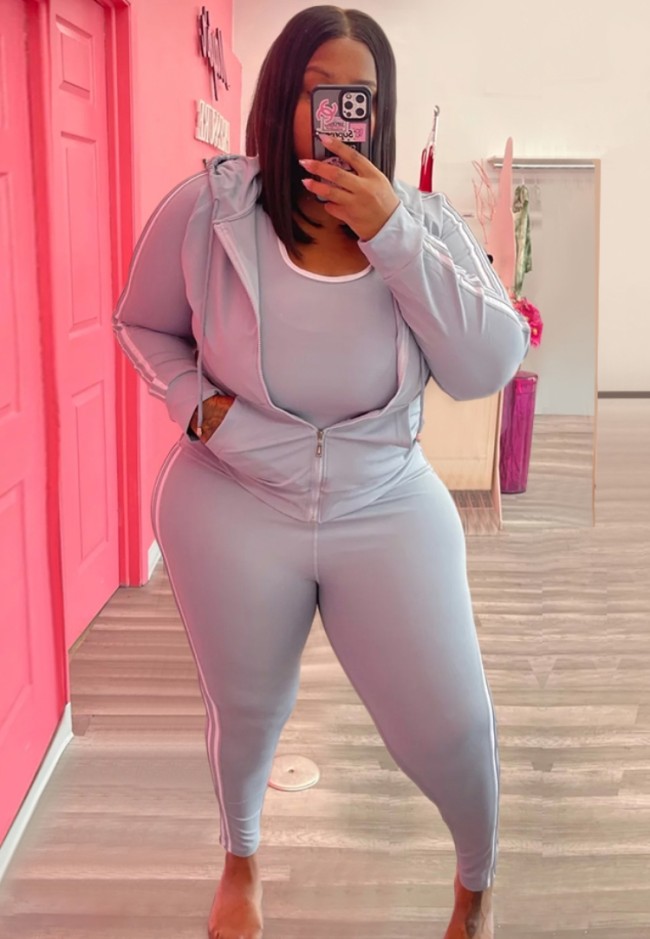 Plus Size White Piping Grey Zip Hoody Top and Pant 2PCS Set