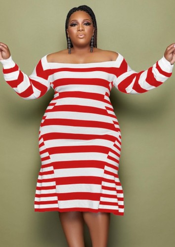 Plus Size Stripes Red Square Neck Mermaid Midi Dress