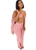 Pink Ribbed Halter Triangle Bra and Pants with Coat 3PCS Set
