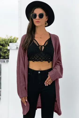 Purple Kintted Long Sleeves Loose Long Cardigan