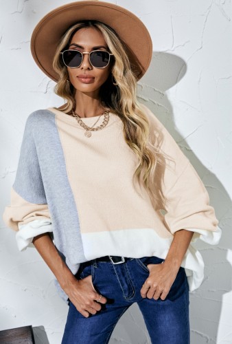 Color Contrast Apricot Knitted Loose Pullover Sweater