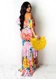 Flowers Print Off Shoulder Sleeveless Fishtail Long Fitted Dress