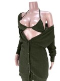 Green Ribbed Halter Triangle Bra and Pants with Coat 3PCS Set