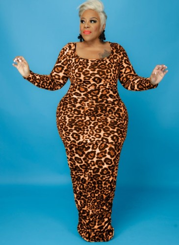 Plus Size Brown Leopard Print U-Neck Tight Maxi Dress