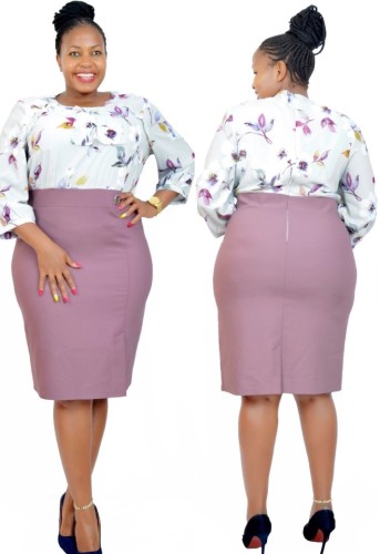 Plus Size Floral Patch Purple Hem Ruffle Sheath Midi Dress