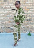 Sequin Pocket Green Camou Turndown Collar Top and Pants 2PCS Set