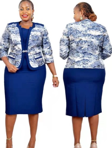Plus Size Blue Print 3/4 Sleeve Coat and Short Sleeve Dress 2PCS Set