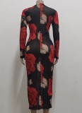 Red Flower Print Long Sleeve Slim Fit Long Dress