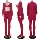 Burgundy Ribbed Halter Triangle Bra and Pants with Coat 3PCS Set