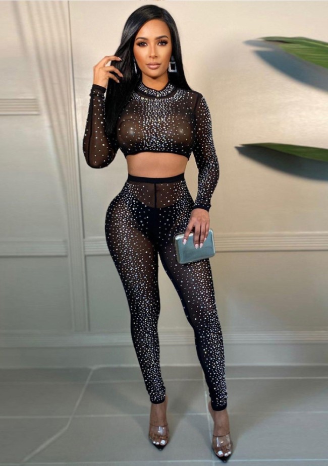 Black Beaded See Through Tight Crop Top and Pants 2PCS Set