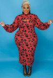 Plus Size Red Leopard Print Turtleneck Cape Top and Cami Long Dress 2PCS Set