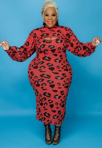 Plus Size Red Leopard Print Turtleneck Cape Top and Cami Long Dress 2PCS Set