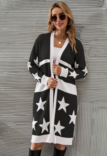 White Stars Print Black Kintted Drop Shoulder Long Cardigan