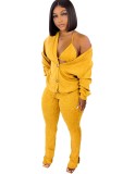 Yellow Ribbed Halter Triangle Bra and Pants with Coat 3PCS Set