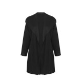 Black Turndown Collar Drop Shoulder Long Coat with Pocket