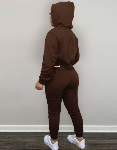 Brown Long Sleeve Hoody Top and Pant 2PCS Set with Pocket
