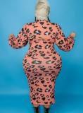 Plus Size Pink Leopard Print Turtleneck Cape Top and Cami Long Dress 2PCS Set