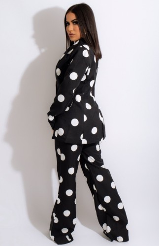 Black Polka Dot Turndown Collar Blazer and Pants 2PCS Set