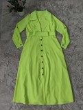 Green Turndown Collar Button Open Long Dress with Waist Belt