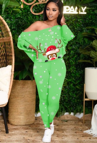 Christmas Santa Elk Print Green Loose Top and Fitted Pants 2PCS Set