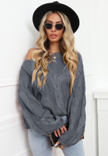 Gray Crochet Drop Shoulder Loose Pullover Sweater