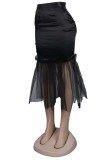 Black Silk Mesh Patck Mermaid Pencil Long Skirt