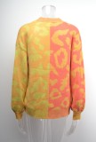 Yellow and Orange Contrast V-neck Button Up Loose Sweater