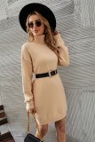 Khaki Turtleneck Long Sleeve Drop Shoulder Mini Knit Dress