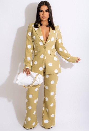 Green Polka Dot Turndown Collar Blazer and Pants 2PCS Set