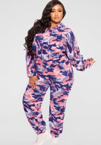 Plus Size Camouflage Print Purple Hoody Top and Pant 2PCS Set