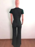 Sequins Green Mesh See Through O-Neck Short Sleeve Jumpsuit